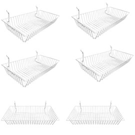 DBM IMPORTS 6Pc 24"x 12"x 4" Shallow Basket Display Rack White Metal Wire Slatwall Gridwall Pegboard