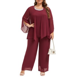 Plus Size Mother of Bride Pant Suits 3 Piece Chiffon Sets Hand Sewn Diamonds Wedding Guest Outfit Red