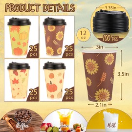 100 Pieces Disposable Coffee Cups with Lids 12 oz Paper Hot Cup 4 Fall Design Patterns Cute Cups for Hot Tea Beverage Water Juice Dinner Dinner Wedding Event Decorations Thanksgiving Party