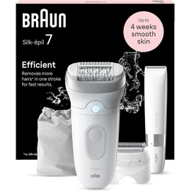 Braun Braun Silk-épil 7, Epilierer Damen / Haarentferner für langanhaltende Haarentfernung, Mini-Rasierer für den Körper,Ladyshaver, Rasieraufsatz und Trimmeraufsatz, 7-441, Weiß/Silber