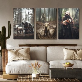 GUBIYU Jesus and Lamb Canvas Wall Art Set of 3 - Jesus Running After Lost Lamb Picture Wall Art - Christian Home Decor - 16"X24"