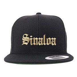 Trendy Apparel Shop Old English Sinaloa Gold Embroidered Flatbill Snapback Baseball Cap- Black