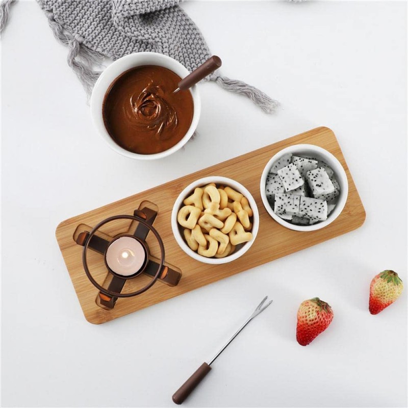 Sizikato White Porcelain Chocolate Fondue Set, with 2 Fruit Fork