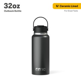 RTIC 32oz Outback Bottle, Insulated, Stainless Steel, Metal, Double Wall Vacuum-Insulation, Ceramic Lined, Leak-Proof Lid, BPA-Free Water Flask for Hiking, Running, Sports, Outdoor, Black