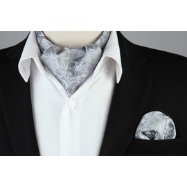 HISDERN Mens Cravat and Pocket Square Set Silver Paisley Cravat for Men Silk Ascot Tie and Handkerchief for Wedding Party Christmas