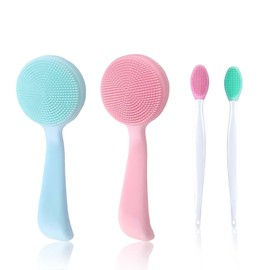 Pore Cleaning Brush, 4-teiliges Gesichtsbürste Set, Reinigungsbürste Gesicht für sanfte Porenreinigung, Reisefreundliche Gesichtsreinigungsbürste in Blaü, Pink und Grün