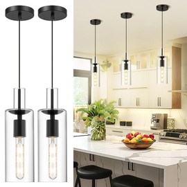 AUTELO 2 Pack Pendant Lights Kitchen Island, Modern Pendant Lights in Black Metal Finish, Black Pendant Light Fixtures, Cylinder Glass Hanging Lamp, Kitchen Pendant Lighting over Island, H3875 BK-M-2P