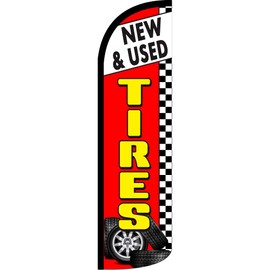 New & Used Tires (Red/Checkered) Windless Feather Flag Bundle (11.5' Tall Flag, 15' Tall Flagpole, Ground Mount Stake) 841098163556
