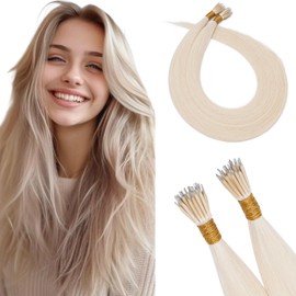 S-noilite Nanoring Real Hair Extensions Platinum Blonde 55 cm Remy Real Hair Extensions Nano Rings Cold Fusion Hair Extensions Straight 50 g #60