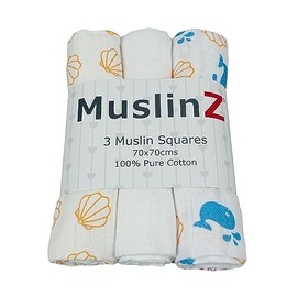 MuslinZ Baby Muslin Squares Burp Cloths 3 Pack 100% Pure Cotton, 70cms, Baby Essential, Soft Breathable and Absorbent (Sealife Combo)