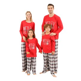 VNVNE Christmas Pajamas for Family Pjs Matching Sets, Red Merry Christmas Printed Top and Plaid Pants Holiday Pajamas for Women/Men/Couples(Women,L)