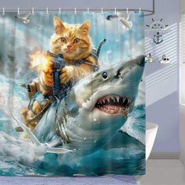 JAWO Funny Cat Shower Curtain for Bathroom, Riding Shark Theme Ocean Curtains for Bathroom Nautical Kids Decor Shower Curtain, Cute Cool Cat Riding Shark Fun Fabric Shower Curtain with Hooks,70x70IN