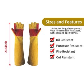 AGDGV 23.6 Inch Long Sleeves Leather Welding Gloves for Men, 932°F Heat Resistant Barbecue Stove Fire Gloves, Puncture Resistant Gloves for Garden and Animal Handling, Tool Gifts for Welders