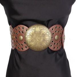 WEIWYWW Wide Disc Belt for Women Boho Disk Concho Leather Belts Western Waist Belts for Dress（45.3in）, Brown, One Size