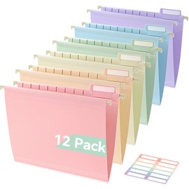 SortRax Plastic Extra Capacity Hanging File Folders, 2" Pastel Expanding Pocket, Heavy Duty for Filing Cabinet, Insertable 1/5-Cut Tabs, Letter Size - 12 Pack