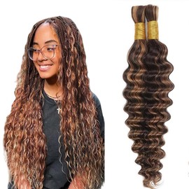 Tuheerst Human Braiding Hair For Boho No Weft P4/30 Highlight Brown Deep Wave Light Brown 50g/Bundle Total 100g Unprocessed Knotless Braids Human Hair Extension For Women 12 12 Inch