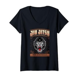 Women's Jiu Jitsu Mind Over Muscle - Grappling BJJ Angry Gorilla V-Neck T-Shirt, black