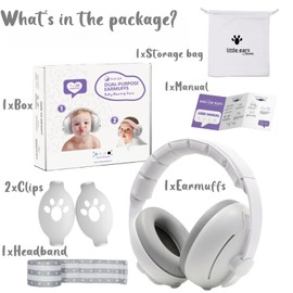 2-in-1 Baby Ear Muffs Noise Protection for Toddlers 3 to 48 Months - Noise-cancelling Adjustable Headphones With Stretchy Band (Gray)