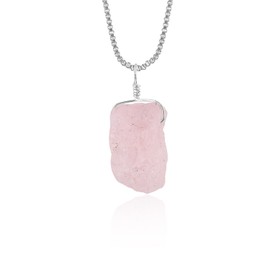 Natural Raw Morganite Pendant Necklace, Stone Rough Crystal Dainty Gemstone For Women Chakra Healing Crystals, Birthstone, Silver Plated Chain 18 inch