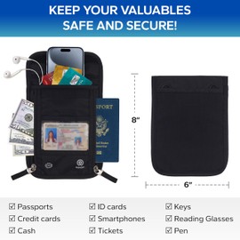 Hanozi Travel Neck Wallet – Travel pouch and RFID Blocking Passport Holder for Women and Men - Slim Travel Wallet to Keep Your Cash, Passport, Credit Cards Safe. Easy to Conceal Passport Wallets.