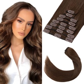 Elailite Bayalage Clip-In Real Hair Extensions, 8-Piece Set, 18 Clips, Straight, 20 cm, 45 g, #04 Medium Brown