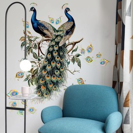 WandSticker4U® - Elegant Wall Sticker PFAU with Golden Contours (102 x 96 cm) I Wall Decoration Exotic Animal Birds Peacock Large Sticker I Wall Sticker Living Room Bedroom Adults Hallway XXL