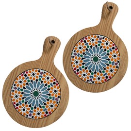 ChicHouse Set of 2 Mini Wooden Kitchen Chopping Boards with Handle Ideal for Small Appetizers, Cheeses, Cold Meats or as Surface Saver and Trivet. (2, Orange Pattern, Round 20.5 x 14.5 x 1 cm)