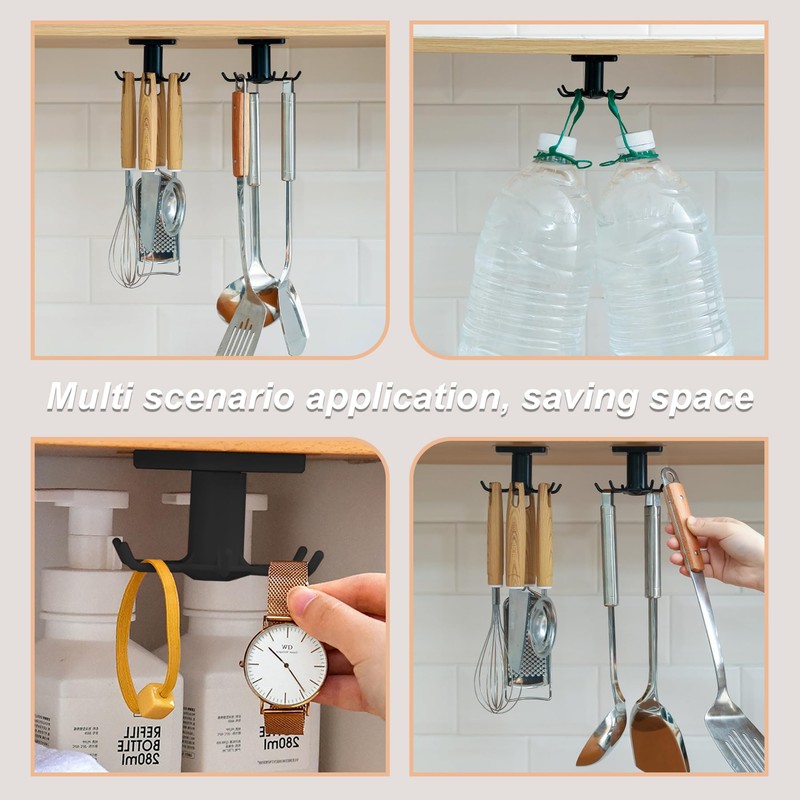 PRINKROOMY 360° Rotating Kitchen Hooks, Adhesive Utensil Organizer Rack with