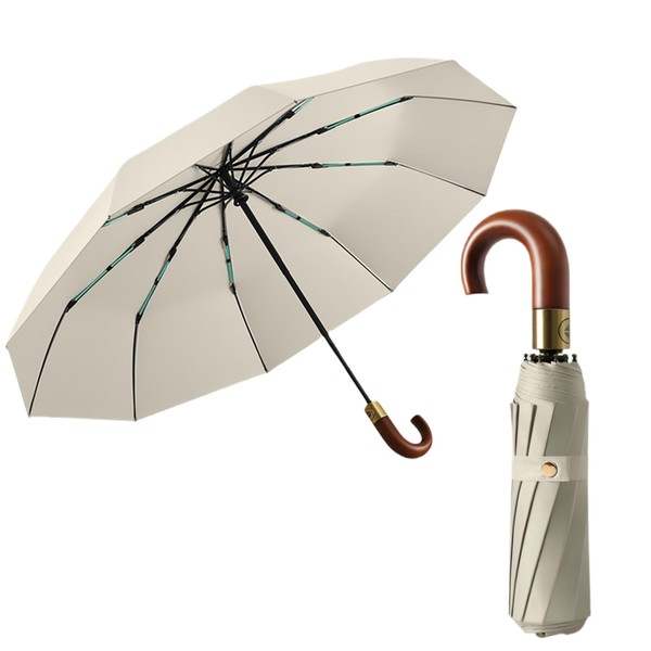 Luxurious Travel Folding Umbrella for Men Automatic Open/Close Crook Real