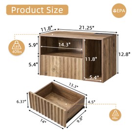 BuildHom Modern Rustic Brown Fluted Floating Nightstand with Charging Station, NightStand with Drawers, Bedside with USB Ports and Outlets, Bedroom Furniture (Right)