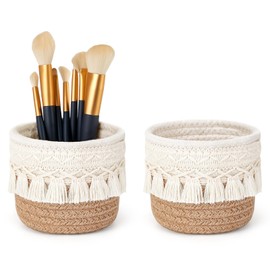 Kotkiddy Set of 2 Makeup Brush Holder, Organiser, Comb Brush, Mini Storage Basket, Baskets with Boho Decor for Pens, Pencil Box, Container, 10 x 10 cm, Yellow and White