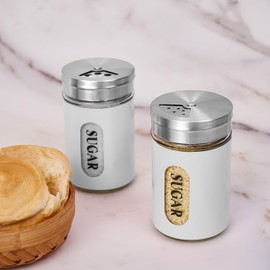 STJKBDFC Sugar Shaker Duster Stainless Steel and Glass Set with Adjustable Pour Holes Cinnamon Shaker For Coffee Bar,set of 2 (White)