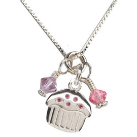 Precious Pieces Children's Sterling Silver Birthday Cupcake Necklace with High-End Crystal Charms, 14"
