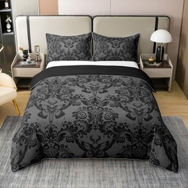 Feelyou Adults Black Vintage Damask Floral Cotton Duvet Cover Set Oriental Antique Comforter Queen Size Gothic Bohemia Boho Flower Bedding Set Gothic Skull Duvet Set Quilt Set 3Pcs