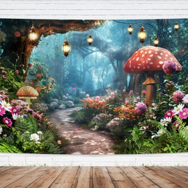 Imirell Fairy Tale Woodland Backdrop 7Wx5H Feet Enchanted Green Spring Garden Floral Wildflower Mushroom Fantasy Polyester Fabric Birthday Photography Backgrounds Photo Shoot Decor Props Decoration