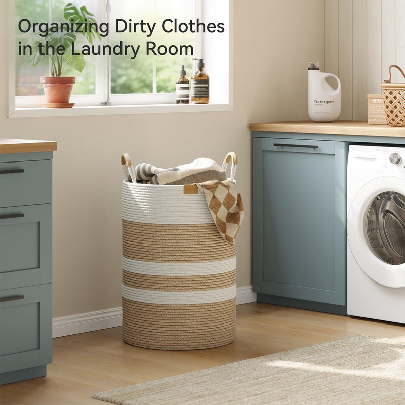 Nunsino 95L Striped Laundry Hamper with Leather Handles,Large Foldable Laundry