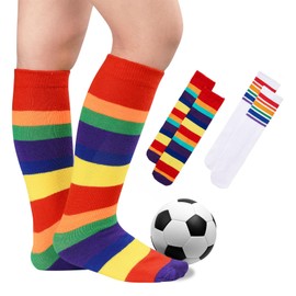 Kids Toddler Youth Cotton Soccer Socks Knee High Soft Tube Socks Long Sport Stockings for Boys Girls Rainbow & White Rainbow 6-9 Years