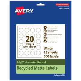 Avery EcoFriendly Matte White Recycled Round Labels, 1.5" Diameter, Print-to-The-Edge, Matte White Labels, Permanent Label Adhesive, Laser/Inkjet, 500 Printable Labels