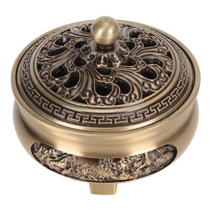 Coil Incense Burner with Lid Antique Beautifully Carved Electroplating Zinc