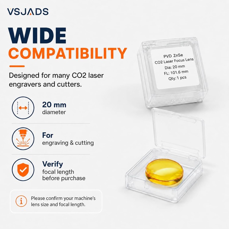 VSJADS CO2 Laser Lens, 20mm 101.6mm FL CVD ZnSe AR