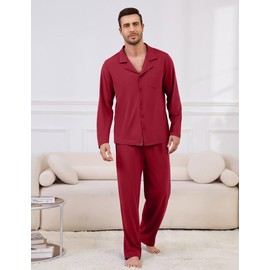 Marvmys Mens Pajama Sets Long Sleeve Sleepwear Button Down Loungewear Soft Cozy Lounge Pjs with Pockets Wine Red XL