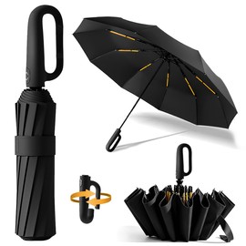Paraguas Automático con Hebilla de Anillo, HAISHOP Sombrilla de Bolsillo Reforzado Plegable, Paraguas Grande Resistente al Viento y Lluvia y UV con 20 Varillas Reflectantes, Para Hombres y Mujeres