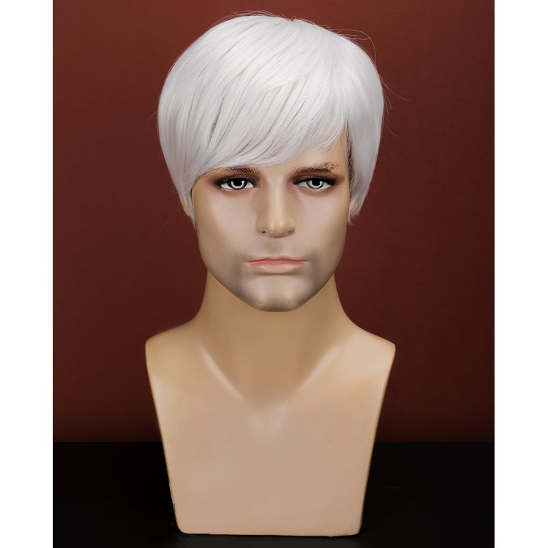 Mens White Wig Realistic Natural Synthetic Male Side Part Wig