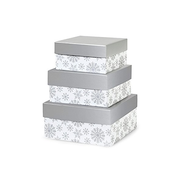 1 Set, Silver Snowflakes Nested Boxes Large 3 Piece Square