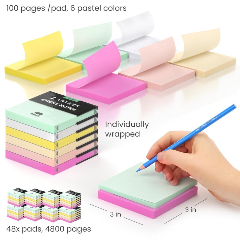 ARTEZA Sticky Notes 3x3 inches, 48 Sticky Pads, Bulk Sticky