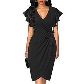oten Womens Ruffle Sleeve Deep V Neck Sheath Knee Length Cocktail Party Work Faux Wrap Formal Dress Black XX-Large