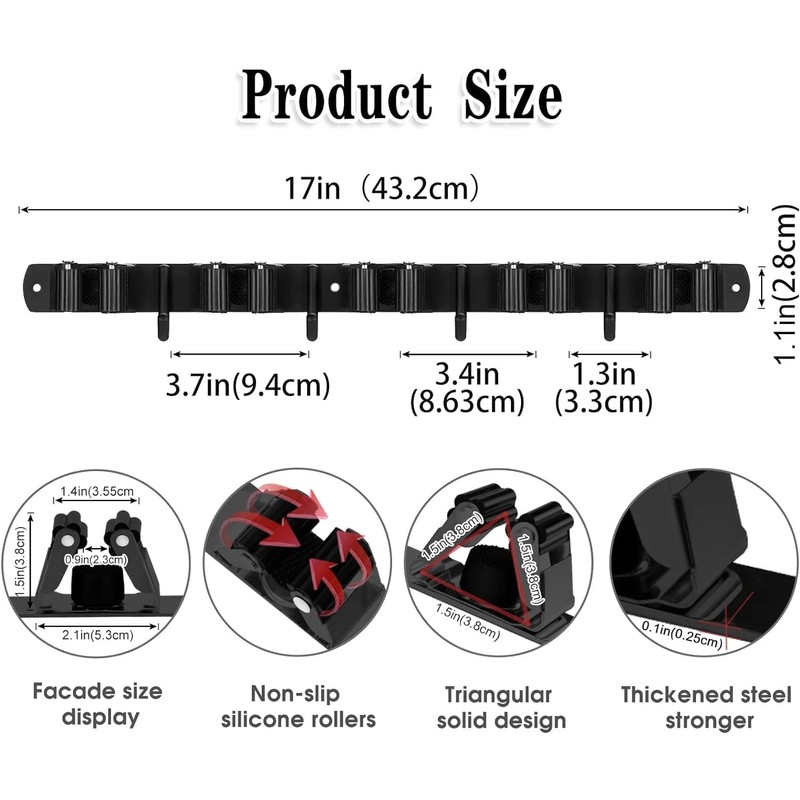 Black 5 Racks and 4 Hooks Mop and Broom Holder
