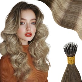 Moresoo Nano Hair Extensions Human Hair Ombre Green Brown to Light Brown with Medium Blonde Nano Bead Hair Extensions Long 50g/50s 22 inch