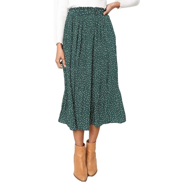 Exlura Womens High Waist Polka Dot Pleated Skirt Midi Swing Skirt with Pockets Green Small