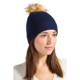 Fishers Finery Women's 100% Cashmere Cuffed Pom Beanie (Navy)